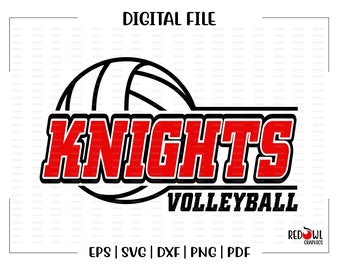 Può includere: Una grafica di pallavolo rossa e nera con la parola "KNIGHTS" in testo rosso e nero e le parole "VOLLEYBALL" in testo nero.
