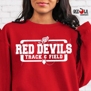 May include: Red sweatshirt with a white graphic design that says "Red Devils Track & Field" with a running shoe icon.