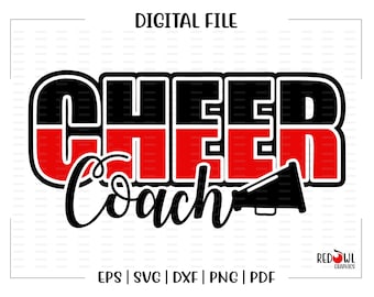 May include: Digital file download of a black and red cheer coach design with a megaphone. The text reads "CHEER Coach".
