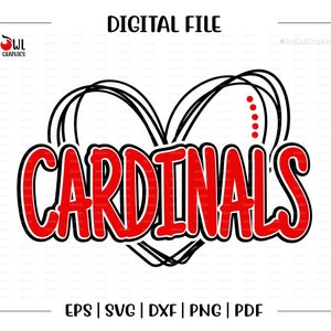 May include: Red and black graphic design with the word "CARDINALS" in a heart shape. The heart is outlined in black and has a baseball-like stitching pattern.