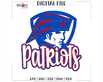 May include: A digital file featuring a blue and red Patriots logo. The logo includes a silhouette of a man's face, a red star, and the word "Patriots" in a bold, white font with a red outline. The text "DIGITAL FILE" is at the top.