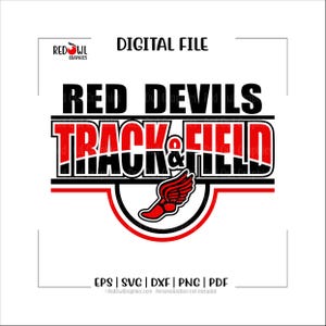 Może przedstawiać: Cyfrowy plik z tekstem "RED DEVILS TRACK & FIELD" w kolorze czerwonym i czarnym. Dołączona jest czerwona grafika ze skrzydlatym butem. Projekt zawiera również tekst "DIGITAL FILE" i opcje typu pliku.