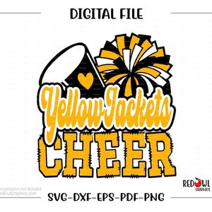 May include: A digital file for a cheer design with a yellow and black pom pom and the text "Yellow Jackets Cheer".