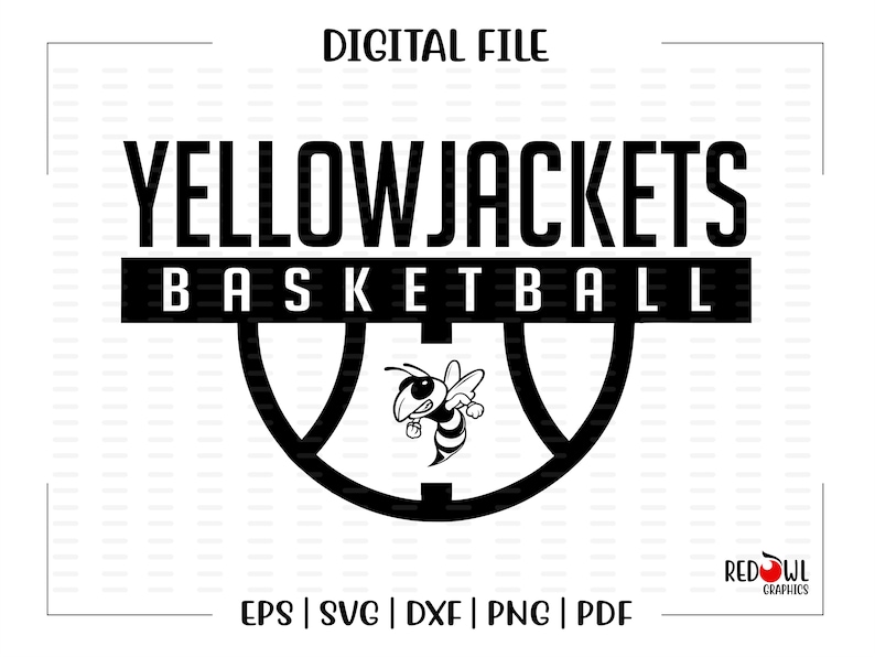 May include: Black and white digital file design for a basketball team called "Yellow Jackets". The design features a basketball with a stylized yellow jacket inside.