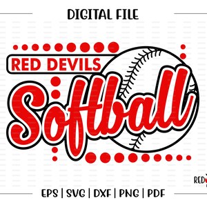 Może przedstawiać: Grafika softballowa "Red Devils" z czerwoną i czarną piłką softballową i piłką baseballową z białymi szwami. Grafika zawiera czerwoną wstęgę z tekstem "Red Devils" i rząd czerwonych kropek.