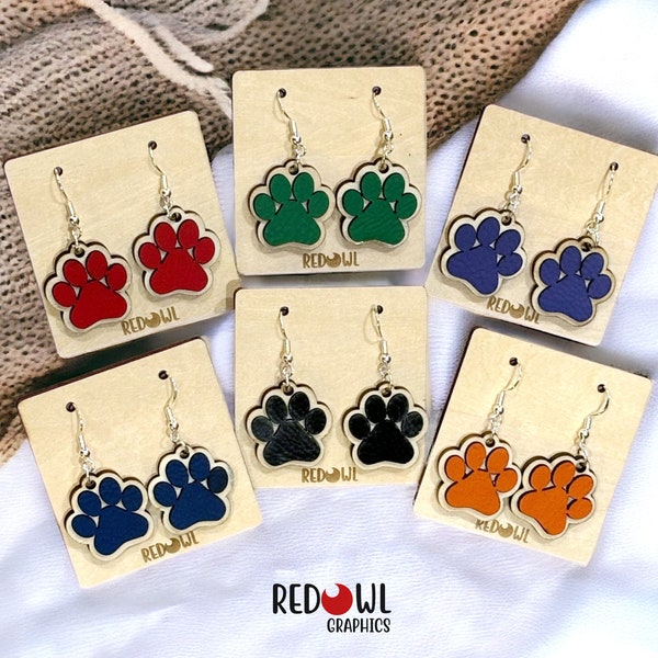 Paw Earrings, Custom Earrings, Earrings, Paw, Paw Print, Wood, Leather, Panther, Wildcat, Cougar, Bulldog, Tiger, Jaguar, Lady Cat