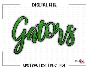 May include: Green glitter text that reads "Gators" with a silver outline. The text is on a white background.