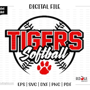 May include: A digital file for a softball team logo design. The logo features a black and white baseball with red and black lettering that says "TIGERS Softball". A red paw print is in the center of the baseball.