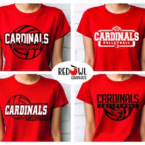May include: Four red t-shirts with different designs featuring the word "Cardinals" and a volleyball. The designs include a volleyball with black and white stripes, a volleyball with a black and white outline, a volleyball with a black and white outline and the word "Volleyball" below, and a volleyball with a black and white outline and a black and white bird inside.
