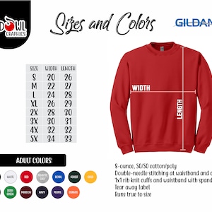 Pode incluir: Uma camisola de gola redonda Gildan vermelha com uma tabela de tamanhos e op&ccedil;&otilde;es de cor. A tabela mostra os tamanhos do S ao 5X com as medidas de largura e comprimento correspondentes em polegadas. As op&ccedil;&otilde;es de cor incluem preto, branco, vermelho, cinza atl&eacute;tico, azul royal, verde floresta, dourado, cinza escuro mesclado, verde rush, vinho, azul marinho, roxo e laranja.