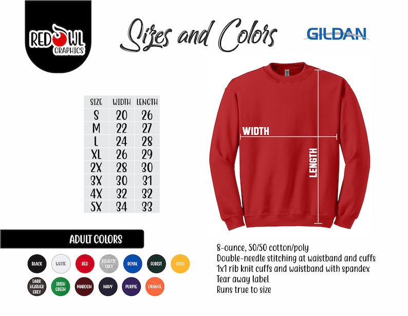 Pode incluir: Uma camisola de gola redonda Gildan vermelha com uma tabela de tamanhos e op&ccedil;&otilde;es de cor. A tabela mostra os tamanhos do S ao 5X com as medidas de largura e comprimento correspondentes em polegadas. As op&ccedil;&otilde;es de cor incluem preto, branco, vermelho, cinza atl&eacute;tico, azul royal, verde floresta, dourado, cinza escuro mesclado, verde rush, vinho, azul marinho, roxo e laranja.