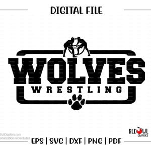 May include: Black and white graphic design of two wrestlers in a wrestling match. The text "WOLVES WRESTLING" is in a bold, black font.