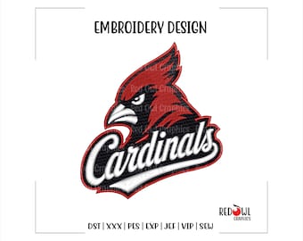 Diseño de bordado de la mascota de los Cardenales, Escuela, Equipo, Archivos para máquina dst, xxx, pes, exp, jef, vip, sew