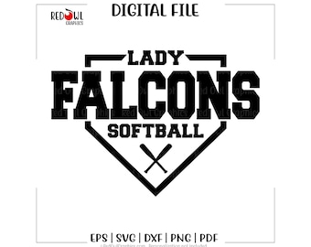 May include: A black and white digital design for Lady Falcons softball. The design features the words "LADY FALCONS SOFTBALL" in bold, block letters, with crossed bats and a diamond shape.