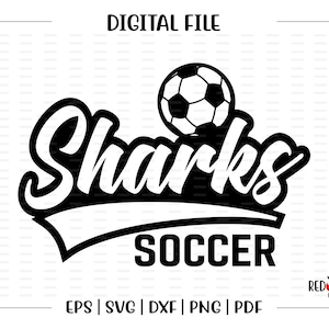Pode incluir: Design gráfico em preto e branco da palavra "Sharks" com uma bola de futebol acima da palavra e a palavra "Soccer" abaixo.