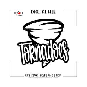 May include: Black and white digital file featuring a stylized tornado graphic. The word "Tornadoes" is written in a bold, cursive font below the tornado illustration. The image includes the text "DIGITAL FILE" and file type options.