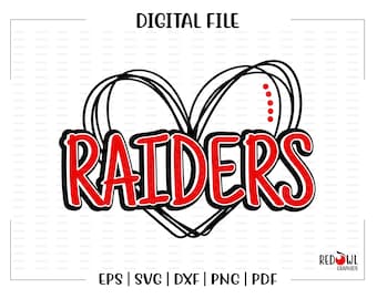 Könnte beinhalten: Schwarz-rote Grafik eines Herzens mit dem Wort "RAIDERS" in roten Buchstaben. Das Herz hat einen schwarzen Umriss und eine gepunktete Linie im Inneren.