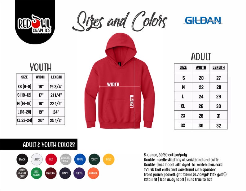 May include: A red Gildan hoodie with size and color charts for youth and adult sizes. The hoodie features a double-lined hood, front pouch pocket, and rib knit cuffs. The image also displays a color palette of available colors.
