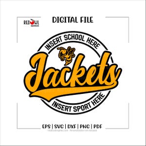 May include: A digital file design with the word "Jackets" in a bold, yellow script font, with a black outline. The design includes a cartoon bee and the text "Insert School Here" and "Insert Sport Here" in a circular border.