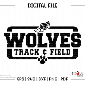 May include: Black and white graphic design of a running shoe with wings, a paw print, and the text "WOLVES TRACK & FIELD" in a rectangular frame.