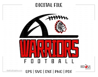 May include: Digital file download of a black and red football logo with a Native American headdress and the text "WARRIORS FOOTBALL".
