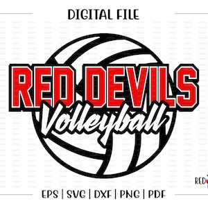 May include: Red Devils Volleyball graphic design with a black and white volleyball and red text. The text says "Red Devils Volleyball".