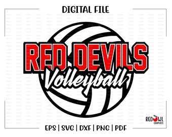 May include: Red Devils Volleyball graphic design with a black and white volleyball and red text. The text says "Red Devils Volleyball".