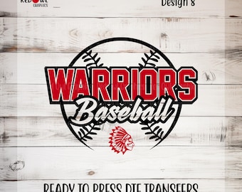 May include: A graphic design featuring a black baseball outline with red and white text that reads WARRIORS Baseball. Below the text is a small red icon of a person wearing a headdress. The top left corner says RED OWL GRAPHICS and Design 8.