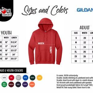 Pode incluir: Tabela de tamanhos para hoodies Gildan para jovens e adultos da Red Owl Graphics. A tabela mostra os tamanhos e as medidas de largura e comprimento correspondentes em polegadas. A tabela tamb&eacute;m inclui uma tabela de cores com v&aacute;rias cores para os hoodies.