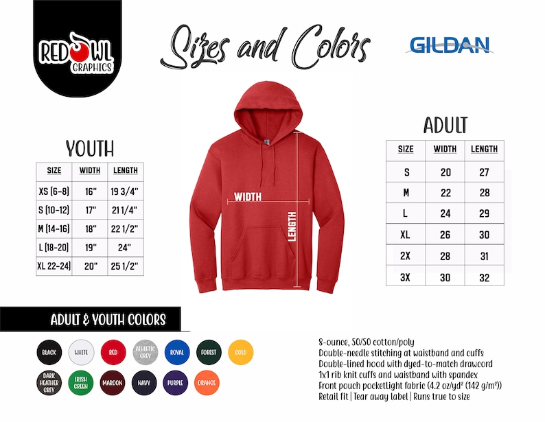 Pode incluir: Tabela de tamanhos para hoodies Gildan para jovens e adultos da Red Owl Graphics. A tabela mostra os tamanhos e as medidas de largura e comprimento correspondentes em polegadas. A tabela tamb&eacute;m inclui uma tabela de cores com v&aacute;rias cores para os hoodies.