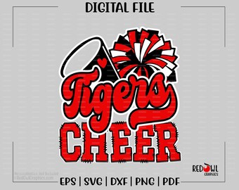 Pode incluir: Design de torcida vermelho e preto com um megafone, pompons e o texto "Tigers Cheer".