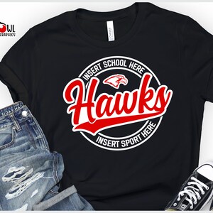 Personalized Hawks T-Shirt, Customized, Hawk, T-Shirt, Football, T-Shirt, Shirt, Tee, School Spirit, Mascot, Baseball, Softball, Cheer