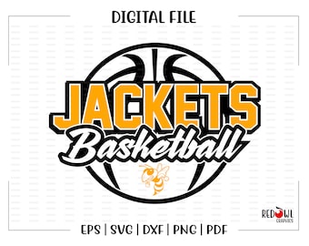 Op de afbeelding: Een zwarte en gele basketbalafbeelding met de tekst "JACKETS Basketball" in een zwart en geel lettertype. Een kleine gele en zwarte wesp afbeelding bevindt zich onder de basketbal.