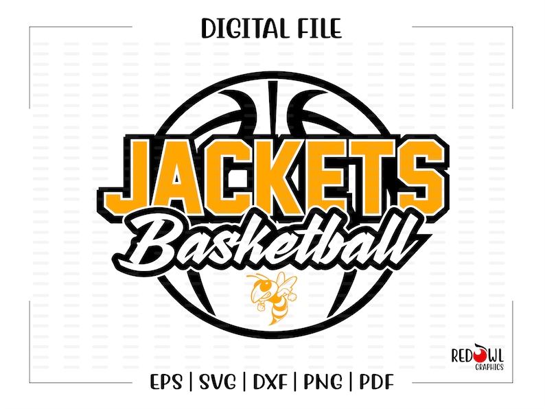 May include: A black and yellow basketball graphic with the text "JACKETS Basketball" in a black and yellow font. A small yellow and black wasp graphic is below the basketball.