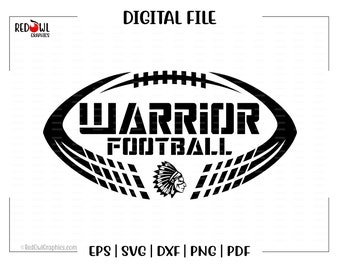 May include: Black and white graphic design of a football with the text "WARRIOR FOOTBALL" and a Native American headdress inside the football.