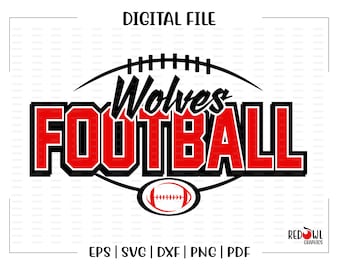 May include: A black and red graphic design featuring a football with the text "Wolves Football" in a bold, black font.