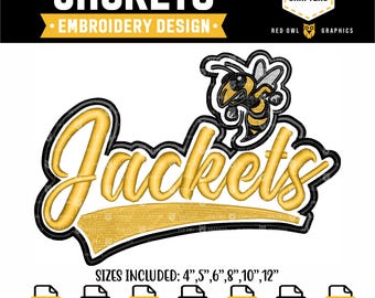 Diseño de bordado de chaquetas, YellowJacket, Yellow Jackets, Mascota, Escuela, Máquina, dst, xxx, pes, exp, jef, vip, coser