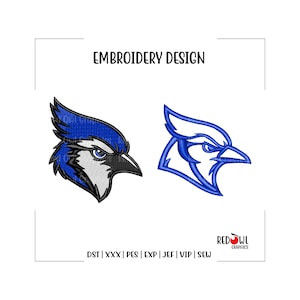 May include: Two blue jay embroidery designs. One is a detailed rendering with blue, white, and black, the other is a blue outline. The text "EMBROIDERY DESIGN" is at the top. The bottom text includes "DST | XXX | PES | EXP | JEF | VIP | SEW".