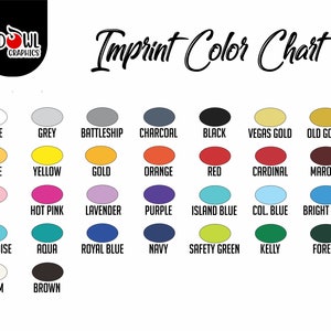 May include: Color chart showing 24 different colors, including white, grey, battleship, charcoal, black, Vegas gold, old gold, maize, yellow, gold, orange, red, cardinal, maroon, pink, hot pink, lavender, purple, island blue, col. blue, bright blue, turquoise, aqua, royal blue, navy, safety green, kelly, forest, cream, and brown.