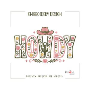 Howdy Embroidery Design, Western Cowgirl Embroidery File, Country Western Machine Embroidery, Cowboy, Hat, dst,xxx,pes,exp,jef,vip,sew