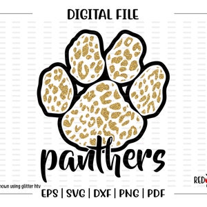 Puede incluir: Un archivo digital para una huella de pata dorada con purpurina y un diseño de estampado de leopardo. El texto "panthers" está debajo de la huella de pata. El archivo está disponible en los formatos EPS, SVG, DXF, PNG y PDF.