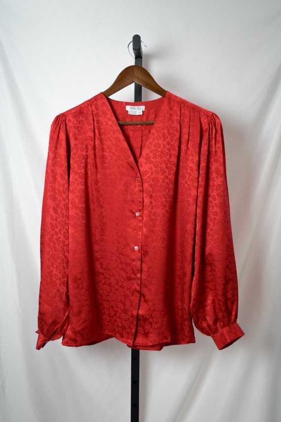 Vintage Ruby Red Silk Long-Sleeved Blouse