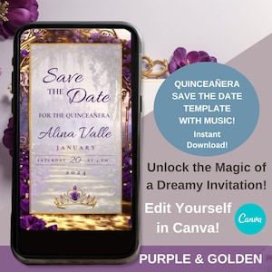 Quinceanera Save The Date Invitation Purple Floral. Quinceanera Digital Mis Quince Anos 15th Birthday Party Celebration Invite Template