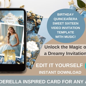 Cinderella 15th Birthday Video Invitation Quince Invite Quinceañera Butterfly Paperless Quinceanera Invitation Sweet 15 Editable Template