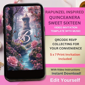 Puede incluir: Un teléfono inteligente muestra una invitación de video de Quinceañera o Sweet Sixteen con el tema de Rapunzel. El diseño presenta un paisaje de cuento de hadas con una torre, un río y rosas rosas. El texto incluye "QRCODE RSVP" y "5 x 7 Print Invitation Included."