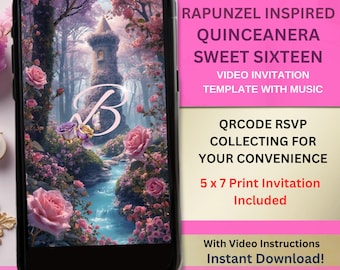 Quinceañera Invitation Rapunzel Tangled Sweet 16 Video Invite, Editable Princess Sweet 15 Birthday Invite Template Clickable RSVP Online