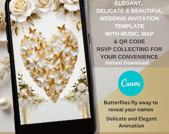Animated Wedding Invitation Video: Butterflies & Roses, Canva Template (Digital Download)