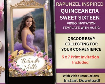 Quinceañera Invitation Rapunzel Tangled Sweet 16 Video Invite, Editable Princess Sweet 15 Birthday Invite Template Clickable RSVP Online