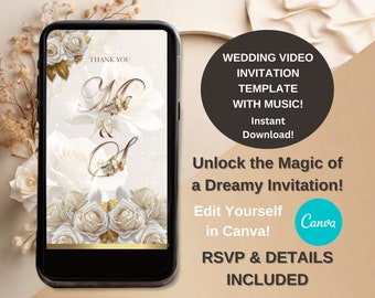 Plantilla de vídeo de invitación de boda animada, plantilla de invitación de vídeo de boda Canva, floral, vídeo digital de invitación de boda de Canva
