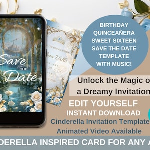 Quinceañera Save The Date Invitation Cinderella Theme. Quinceanera Digital Mis Quince Anos 15th Birthday Party Celebration Invite Template
